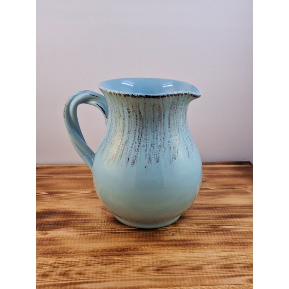 Farm‎ House Jug/Pitcher 6" X 5" Ceramic Italian Turquoise Terracotta Rope Handle